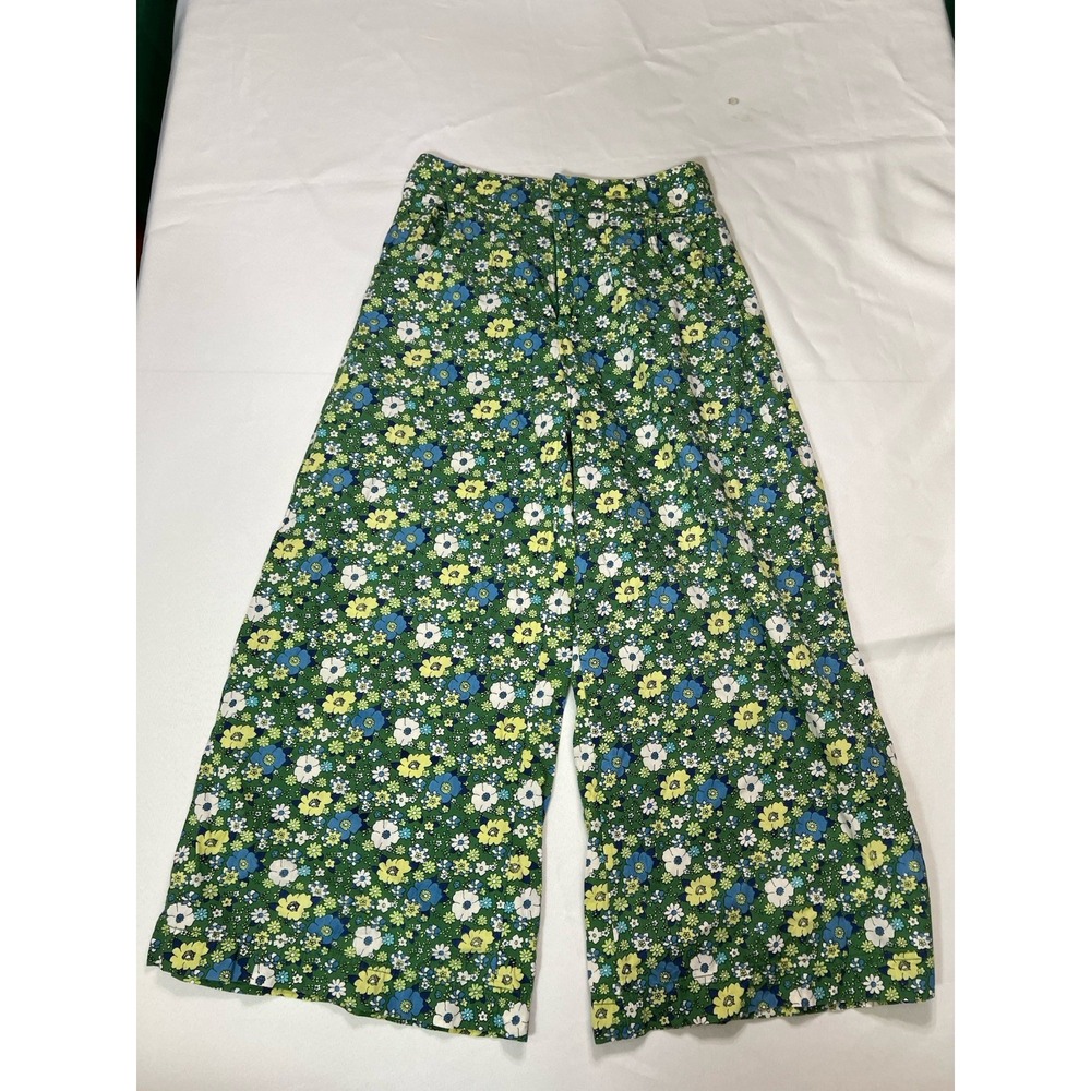 Free People Menorca 6 Green Floral Print High Waisted Wide Leg Crop Pants Boho